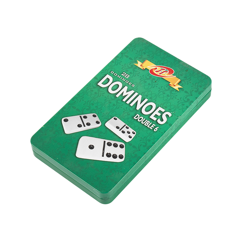 Dubbel zes domino in modieuze groene ijzeren doos voor familiespellen