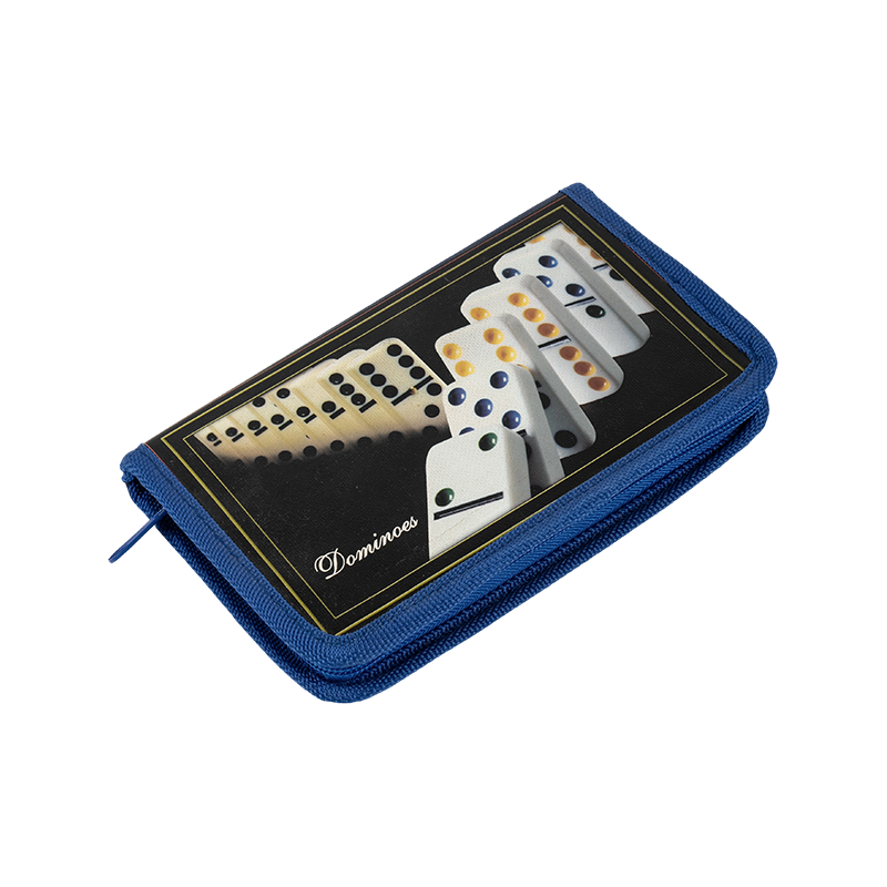 Portable Double Six Domino's in Blue Canvas Case