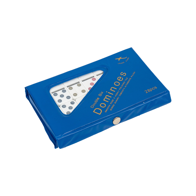 Dubbele zes domino's voor volwassenen en kinderen met blauwe vinyl case